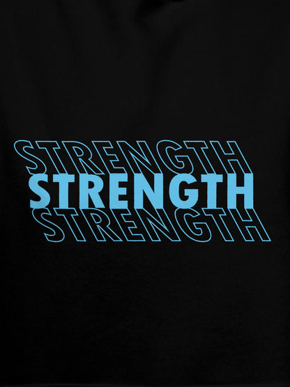 Close up of 'Strength' design on Women's Black Hoodie Sweatshirt, highlighting intricate details and vibrant print.