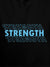 Close up of 'Strength' design on Women's Black Hoodie Sweatshirt, highlighting intricate details and vibrant print.