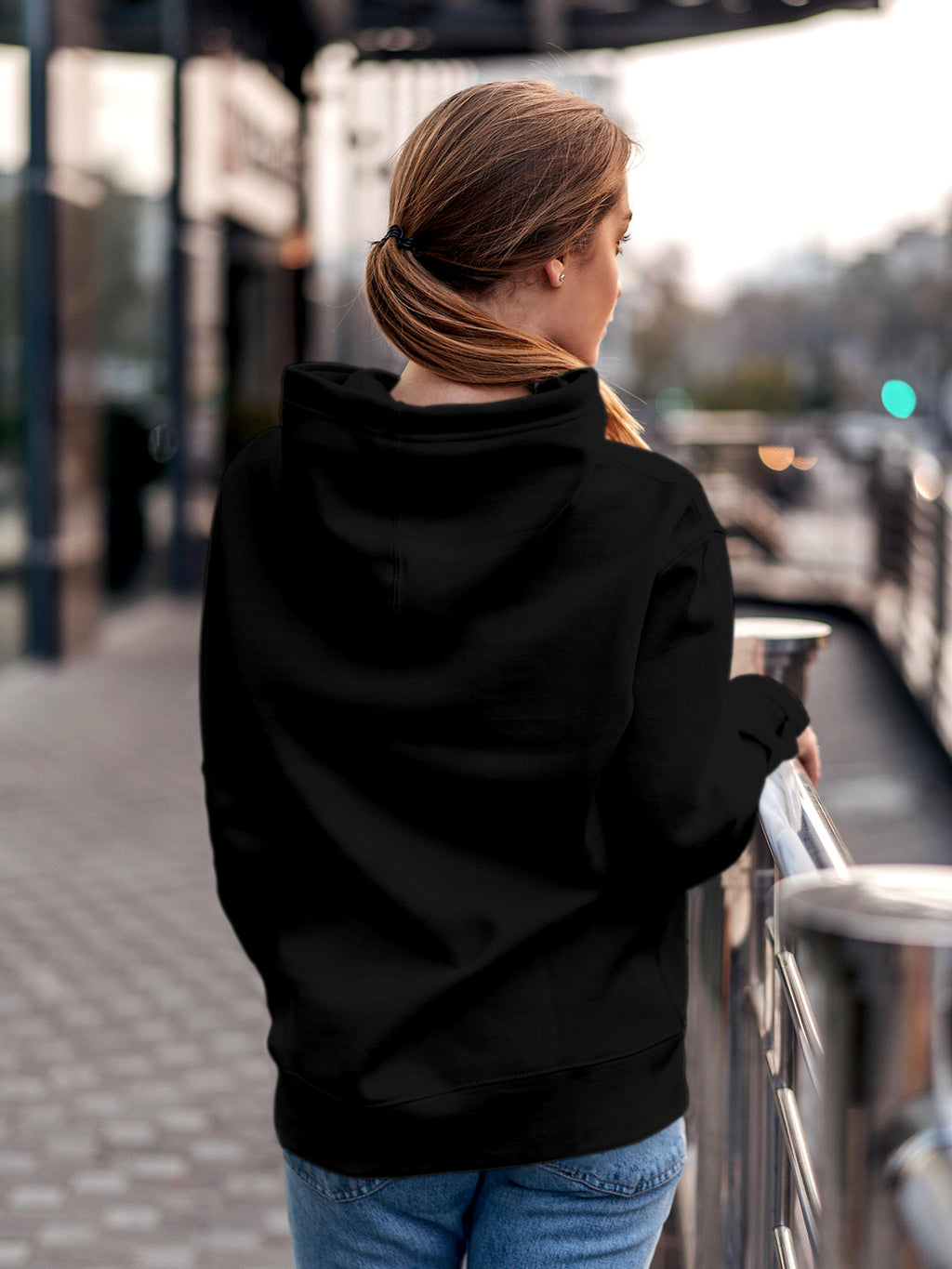 Back view of Fighterhero Women's Black Hoodie Sweatshirt, highlighting the modern look and clean finish