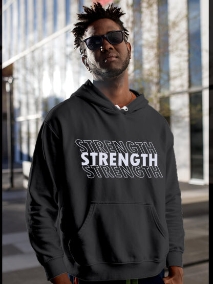 Model wearing Men's Dark Grey Hoodie Sweatshirt with 'Strength' design, offering effortless style and premium comfort