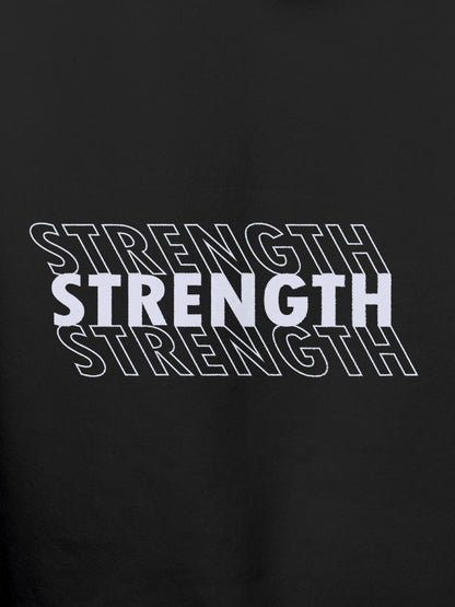 Close up of 'Strength' design on Men's Dark Grey Hoodie Sweatshirt, highlighting intricate details and vibrant print.
