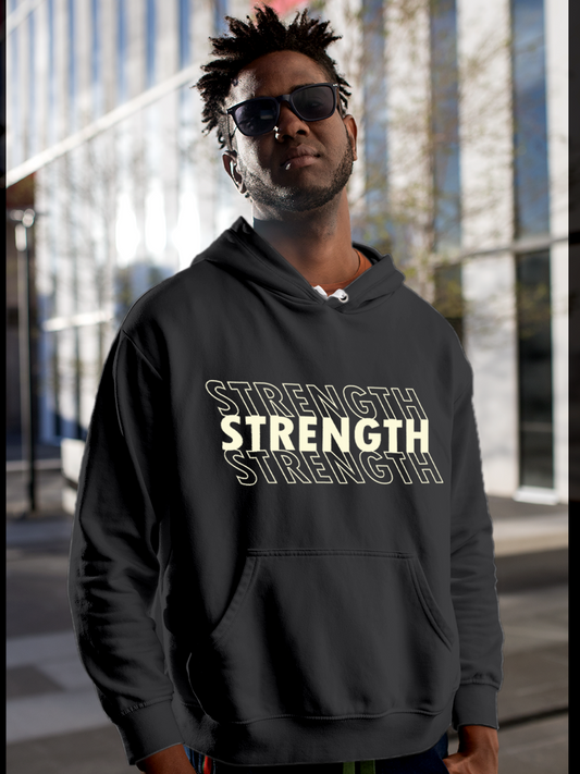 Fighterhero Hoodie Collection: Model wearing Men's Charcoal Grey Hoodie Sweatshirt with 'Strength' design
