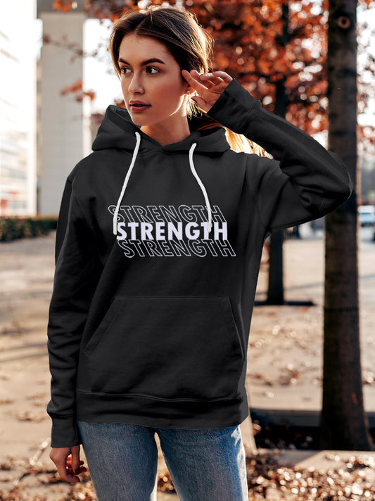 Model wearing Women's Dark Grey Hoodie Sweatshirt with 'Strength' design, offering effortless style and premium comfort
