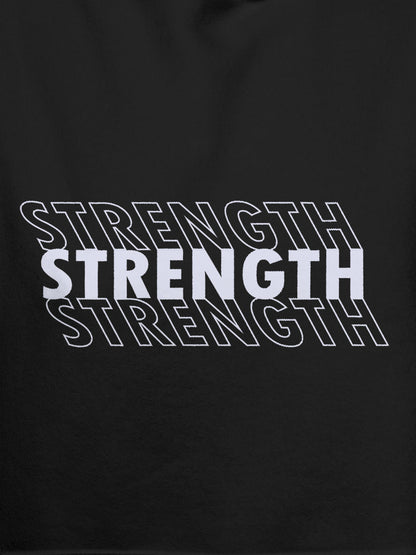 Close up of 'Strength' design on Women's Dark Grey Hoodie Sweatshirt, highlighting intricate details and vibrant print.