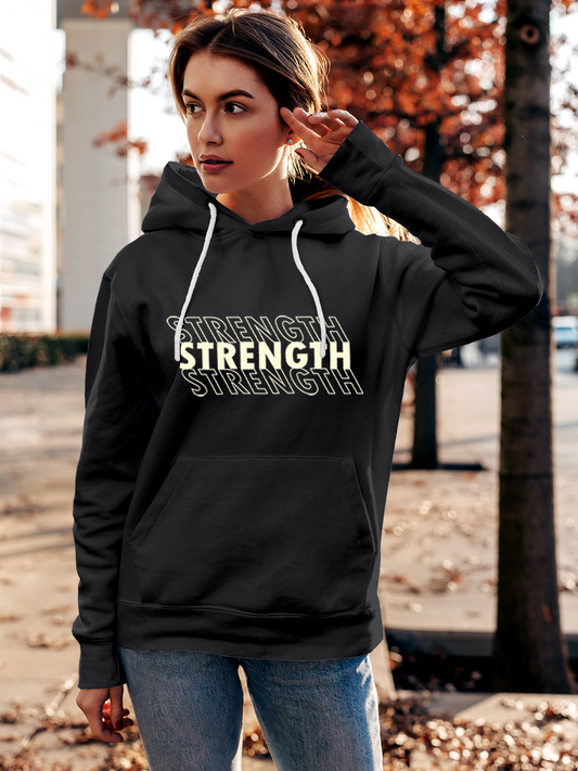 Fighterhero Hoodie Collection: Model wearing Women's Charcoal Grey Hoodie Sweatshirt with 'Strength' design
