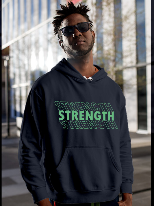 Fighterhero Hoodie Collection: Model wearing Men's Navy Blue Hoodie Sweatshirt with 'Strength' design