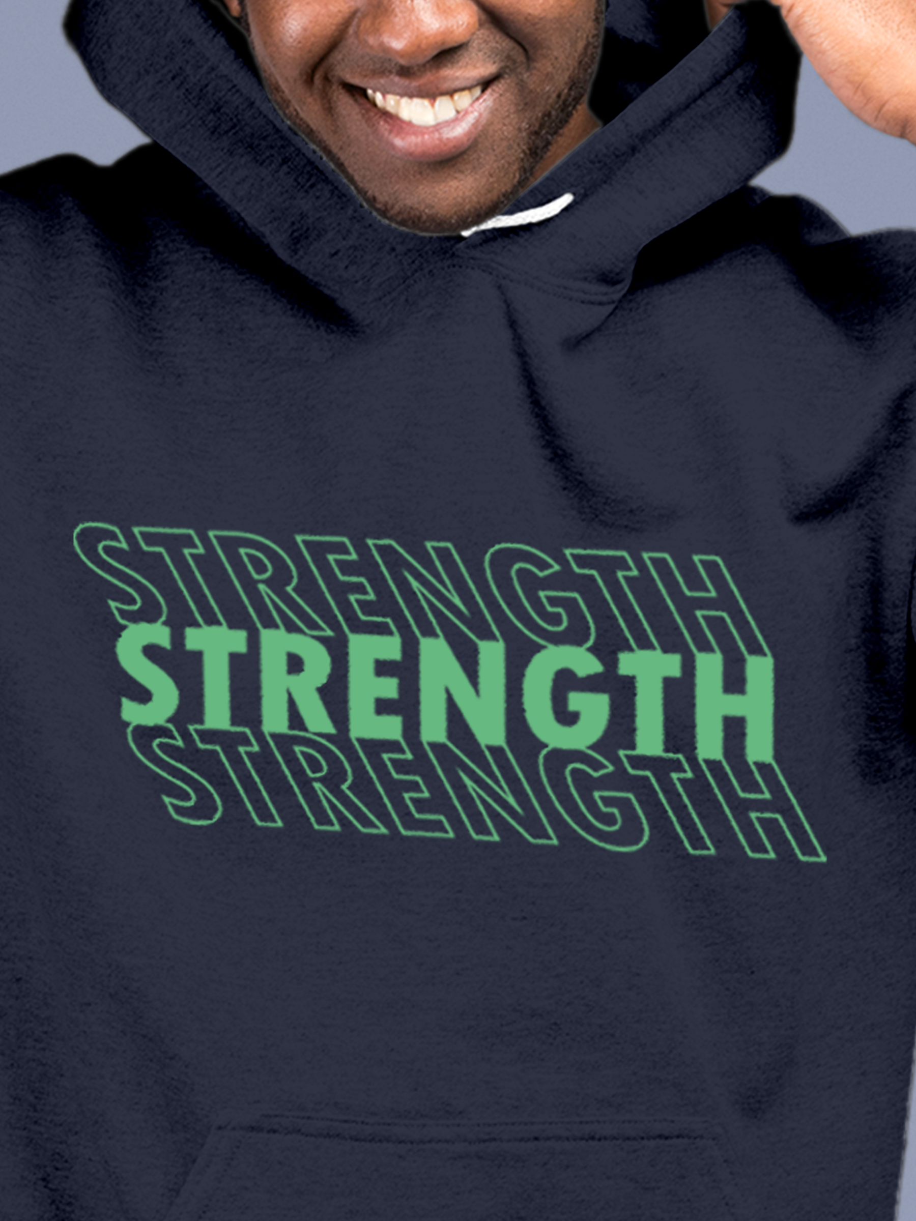 Close up of 'Strength' design on Men's Navy Blue Hoodie Sweatshirt, highlighting intricate details and vibrant print.