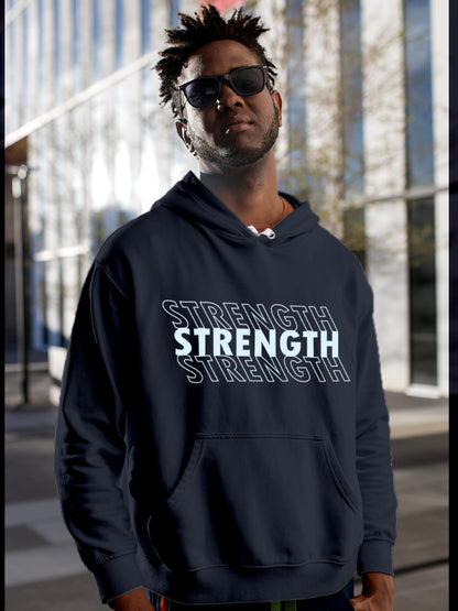 Model wearing Men's Navy Blue Hoodie Sweatshirt with 'Strength' design, offering effortless style and premium comfort
