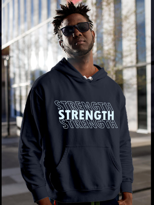 Model wearing Men's Navy Blue Hoodie Sweatshirt with 'Strength' design, offering effortless style and premium comfort