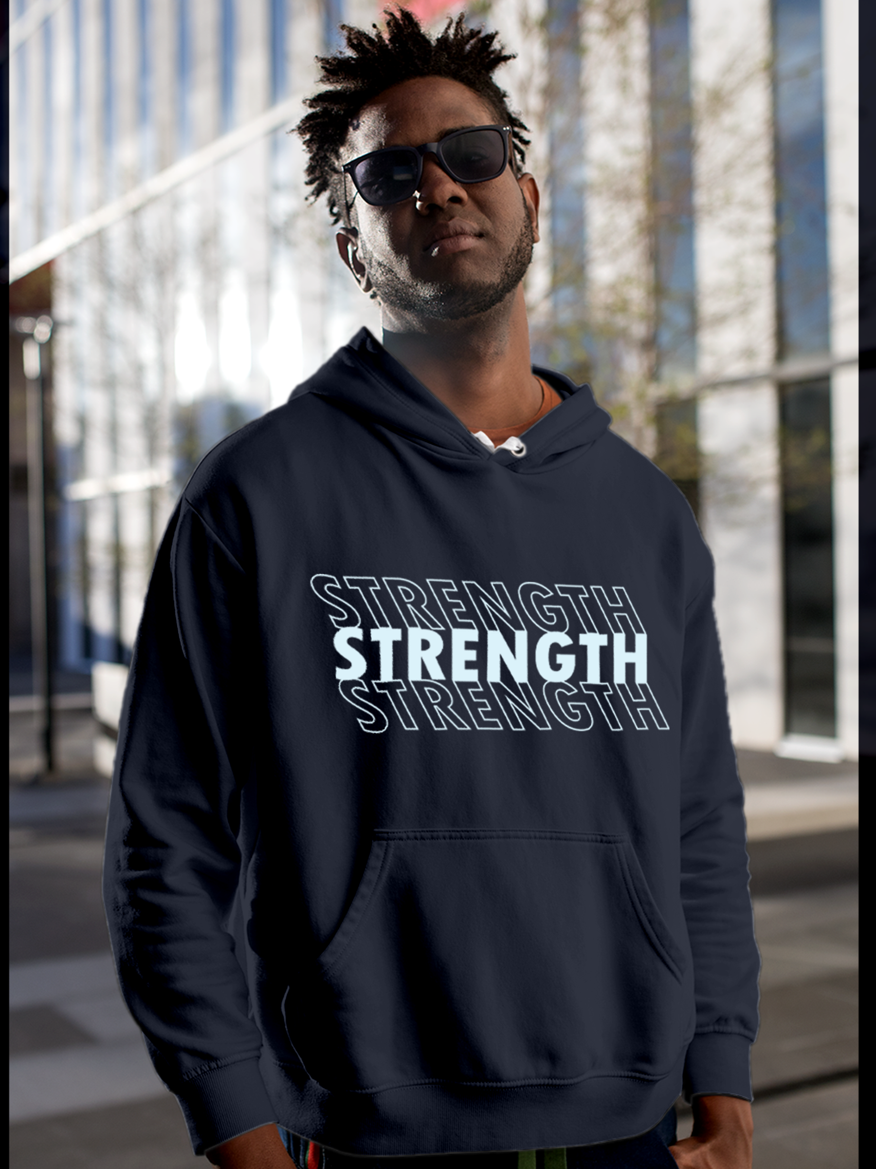 Model wearing Men's Navy Blue Hoodie Sweatshirt with 'Strength' design, offering effortless style and premium comfort