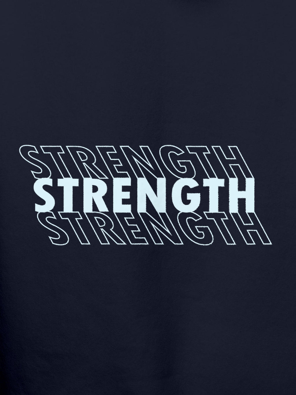 Close up of 'Strength' design on Men's Navy Blue Hoodie Sweatshirt, highlighting intricate details and vibrant print.