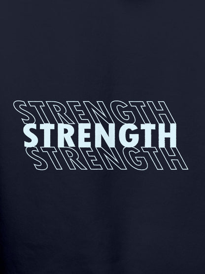 Close up of 'Strength' design on Men's Navy Blue Hoodie Sweatshirt, highlighting intricate details and vibrant print.