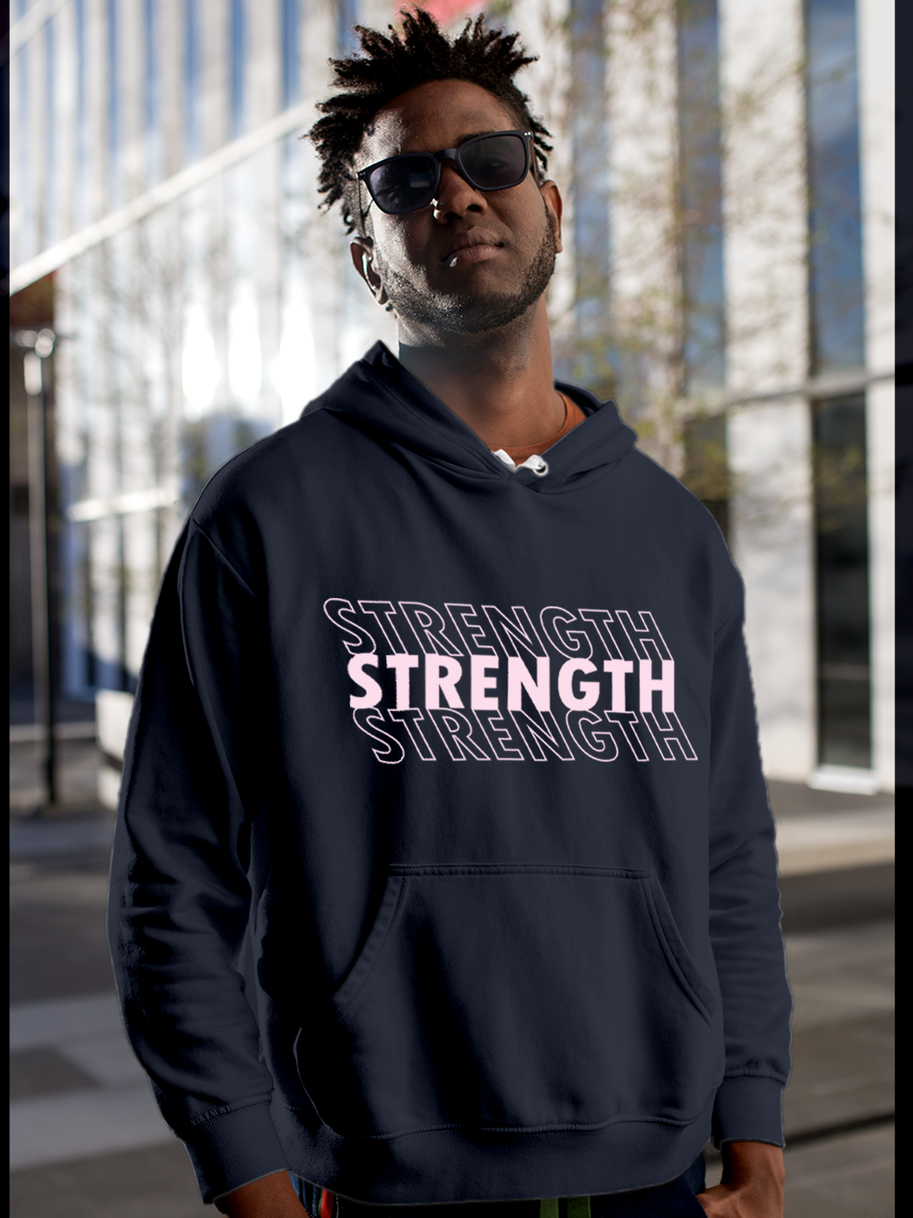 Model wearing Men's Navy Blue Hoodie Sweatshirt with 'Strength' design, offering effortless style and premium comfort