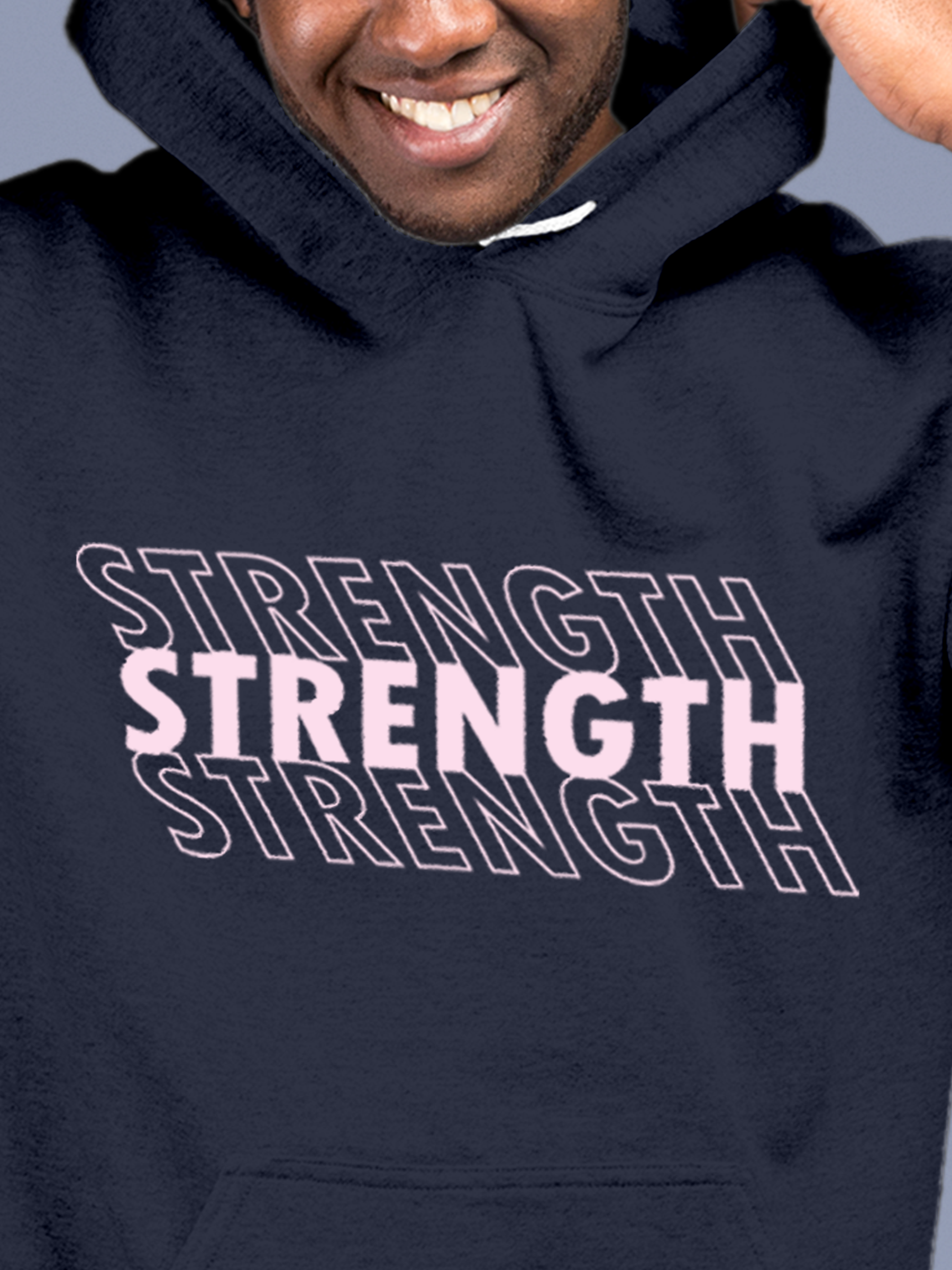 Close up of 'Strength' design on Men's Navy Blue Hoodie Sweatshirt, highlighting intricate details and vibrant print.