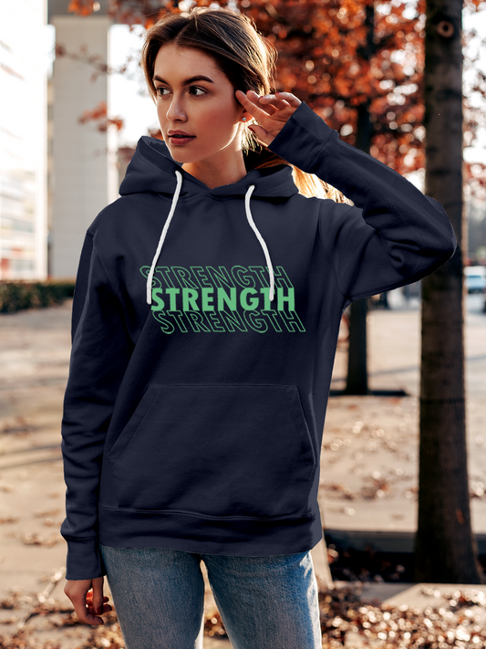 Fighterhero Hoodie Collection: Model wearing Women's Navy Blue Hoodie Sweatshirt with 'Strength' design