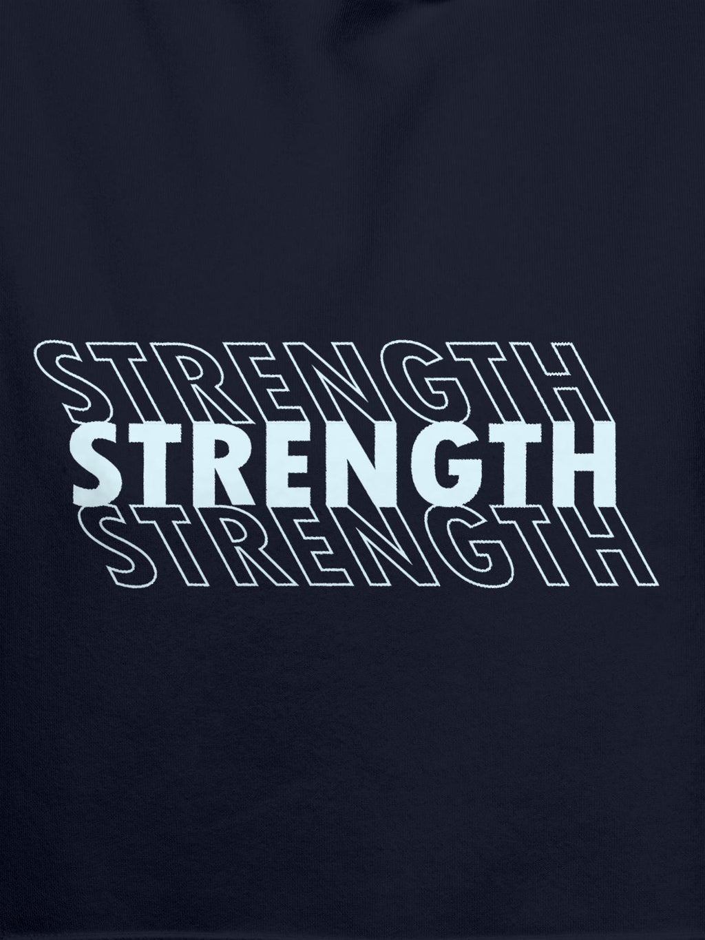 Close up of 'Strength' design on Women's Navy Blue Hoodie Sweatshirt, highlighting intricate details and vibrant print.