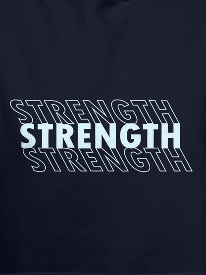Close up of 'Strength' design on Women's Navy Blue Hoodie Sweatshirt, highlighting intricate details and vibrant print.