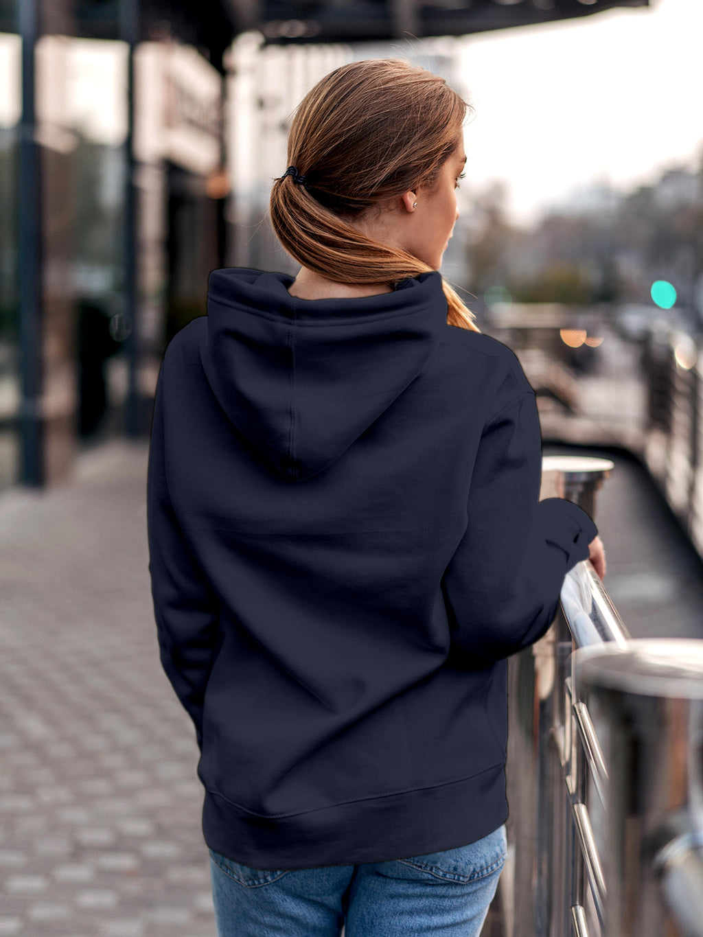 Back view of Fighterhero Women's Navy Blue Hoodie Sweatshirt, highlighting the modern look and clean finish