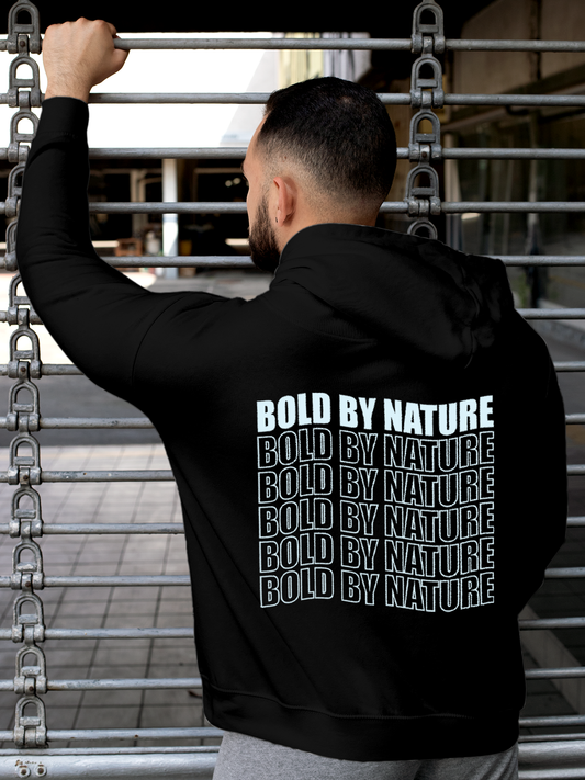 Fighterhero Hoodie Collection: Model wearing Men's Black Hoodie Sweatshirt with 'Bold By Nature' design