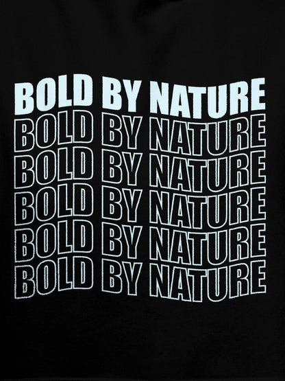 Close up of 'Bold By Nature' design on Men's Black Hoodie Sweatshirt, highlighting intricate details and vibrant print.
