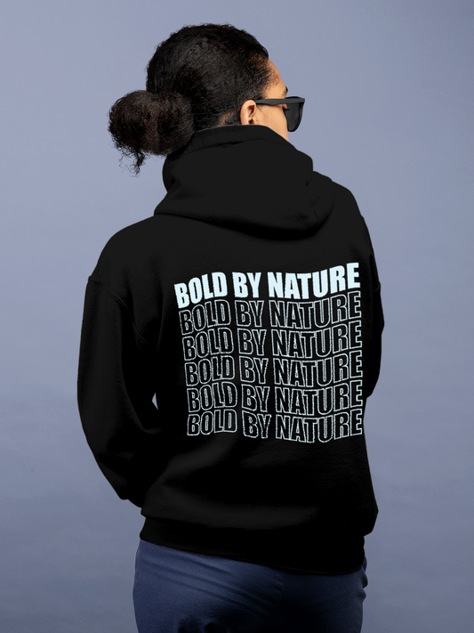 Fighterhero Hoodie Collection: Model wearing Women's Black Hoodie Sweatshirt with 'Bold By Nature' design