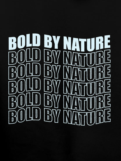 Close up of 'Bold By Nature' design on Women's Black Hoodie Sweatshirt, highlighting intricate details and vibrant print.