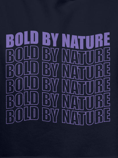 Close up of 'Bold By Nature' design on Men's Navy Blue Hoodie Sweatshirt, highlighting intricate details and vibrant print.