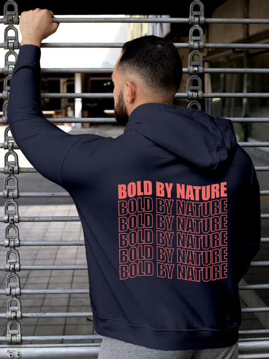 Fighterhero Hoodie Collection: Model wearing Men's Navy Blue Hoodie Sweatshirt with 'Bold By Nature' design