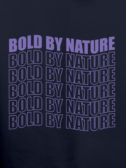 Close up of 'Bold By Nature' design on Women's Navy Blue Hoodie Sweatshirt, highlighting intricate details and vibrant print.