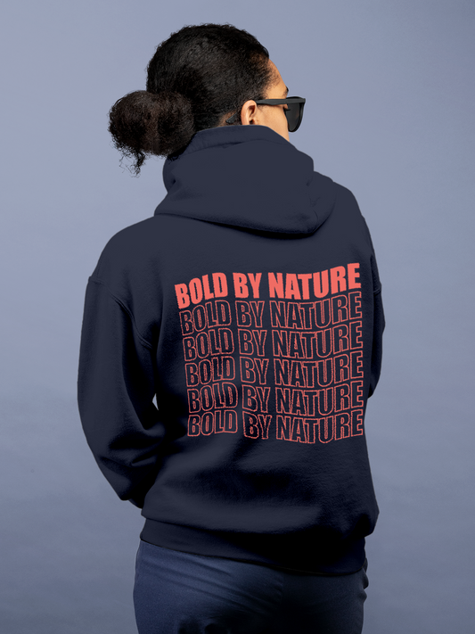 Fighterhero Hoodie Collection: Model wearing Women's Navy Blue Hoodie Sweatshirt with 'Bold By Nature' design