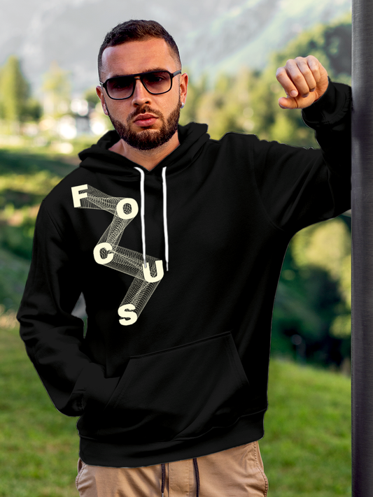 Fighterhero Hoodie Collection: Model wearing Men's Black Hoodie Sweatshirt with 'Focus' design