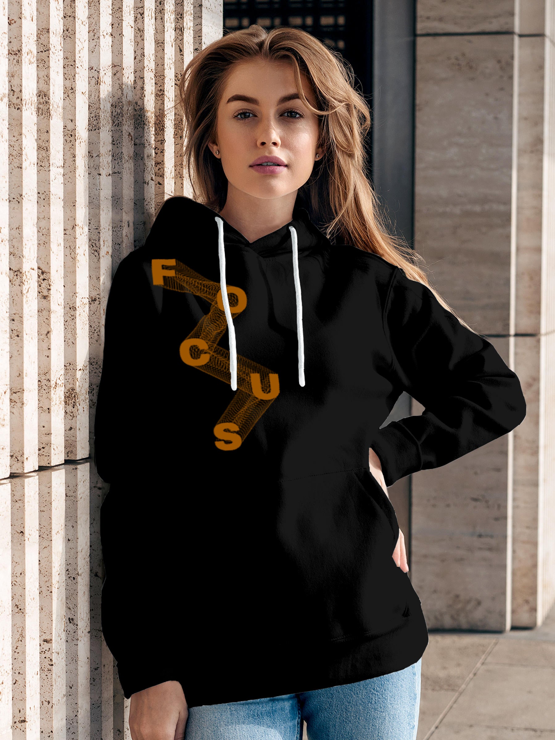 Model wearing Women's Black Hoodie Sweatshirt with 'Focus' design, offering effortless style and premium comfort