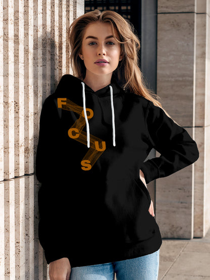 Model wearing Women's Black Hoodie Sweatshirt with 'Focus' design, offering effortless style and premium comfort