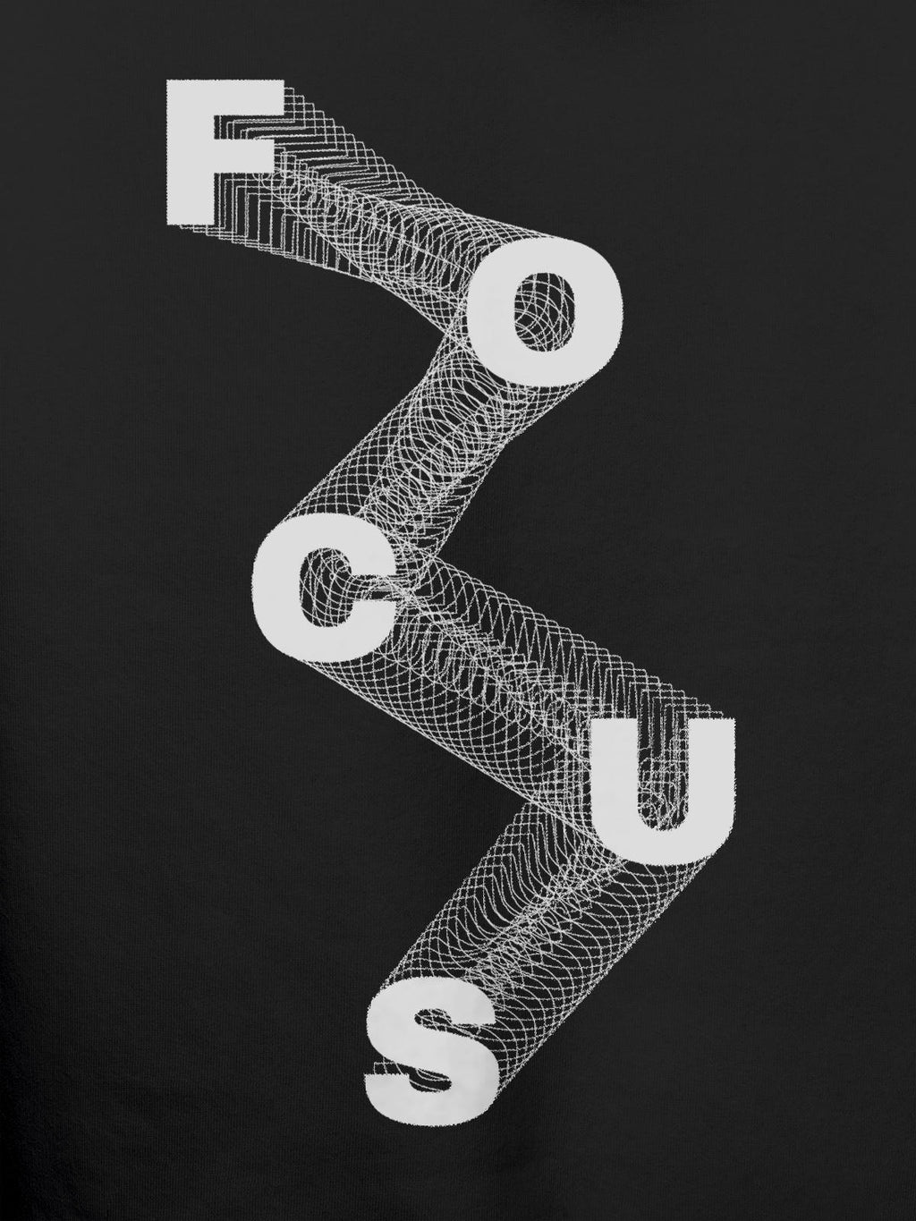 Close up of 'Focus' design on Men's Dark Grey Hoodie Sweatshirt, highlighting intricate details and vibrant print.