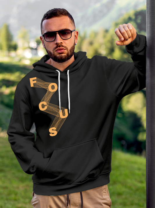 Fighterhero Hoodie Collection: Model wearing Men's Charcoal Grey Hoodie Sweatshirt with 'Focus' design