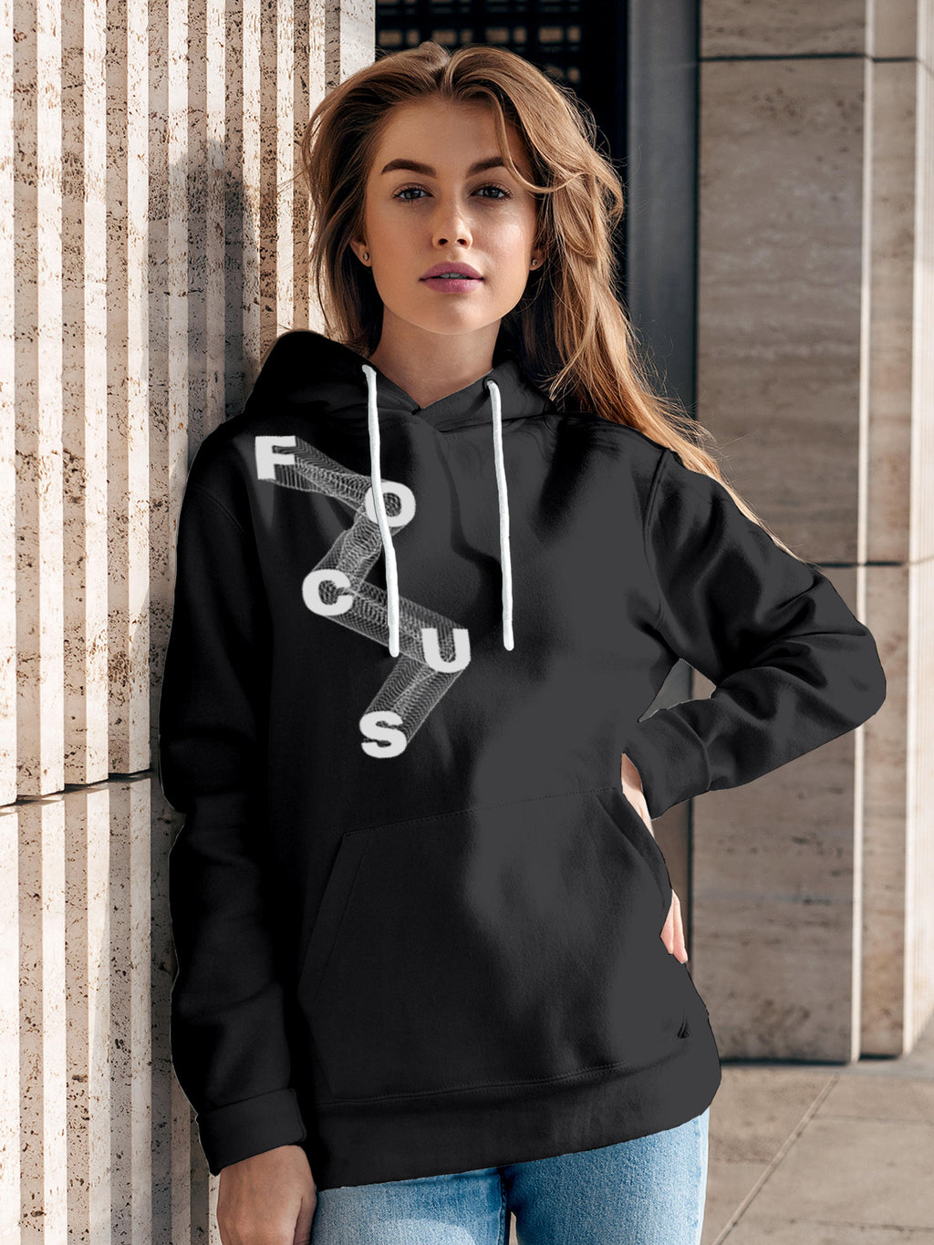 Model wearing Women's Dark Grey Hoodie Sweatshirt with 'Focus' design, offering effortless style and premium comfort