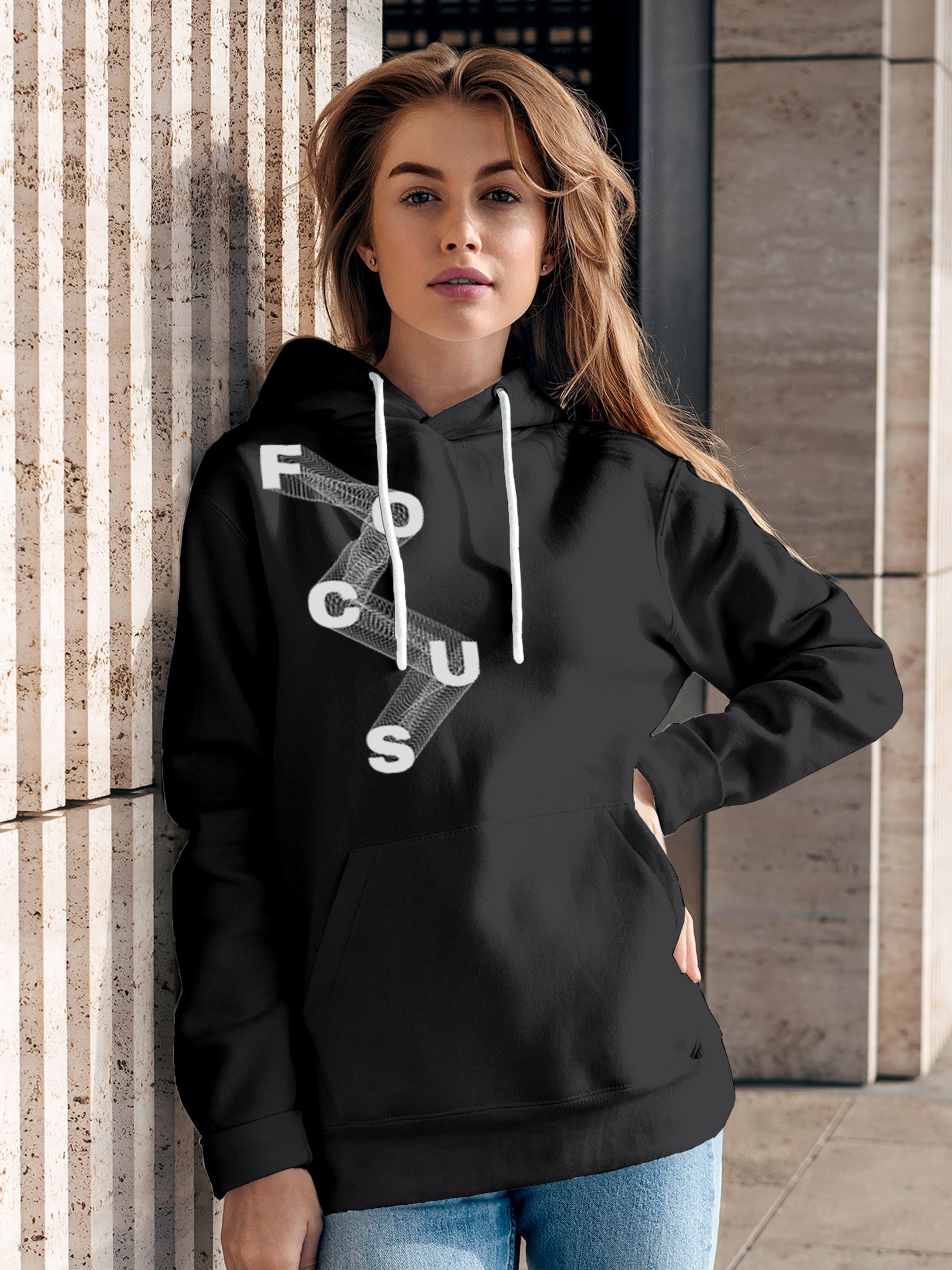 Model wearing Women's Dark Grey Hoodie Sweatshirt with 'Focus' design, offering effortless style and premium comfort