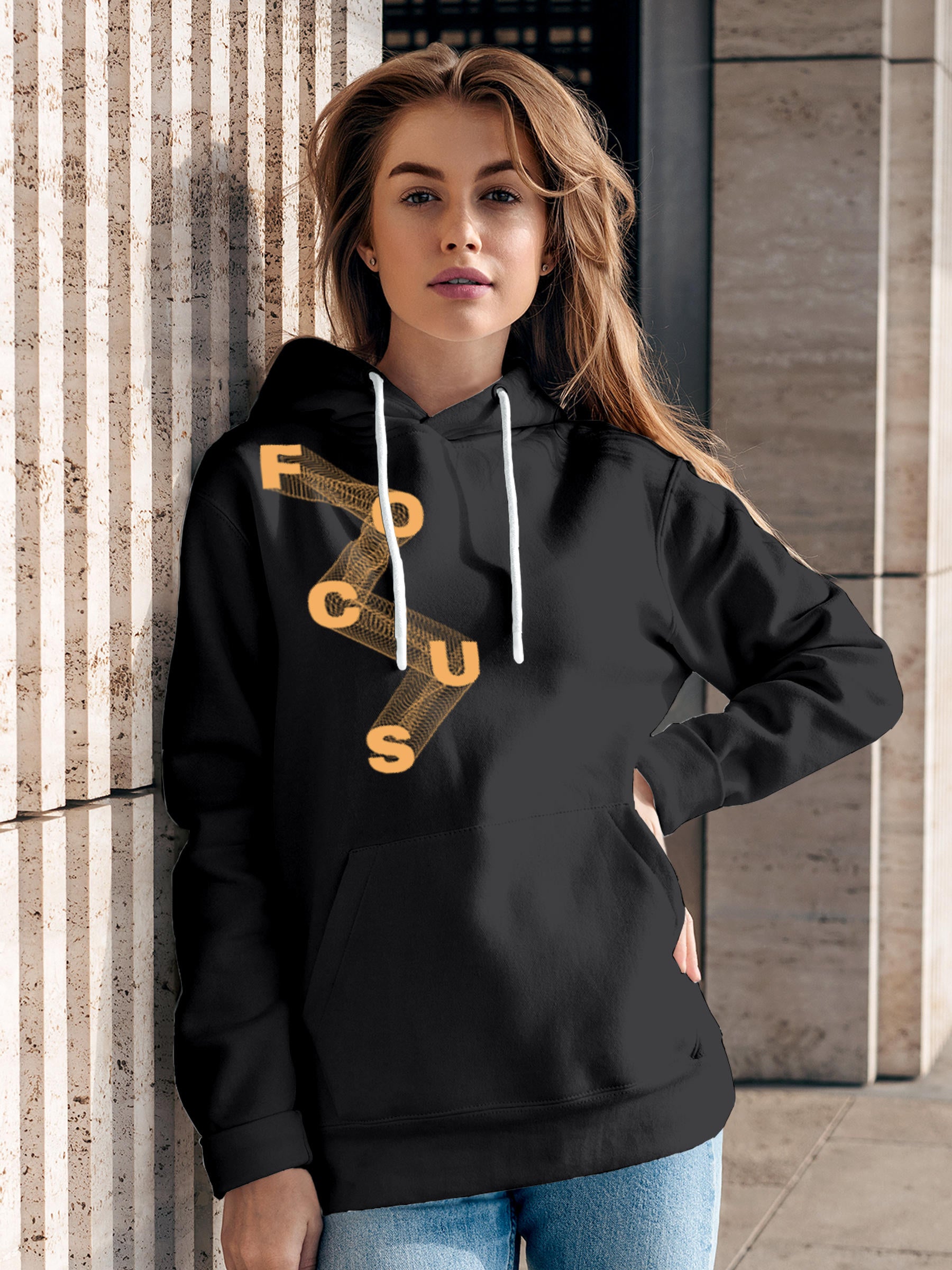 Model wearing Women's Dark Grey Hoodie Sweatshirt with 'Focus' design, offering effortless style and premium comfort