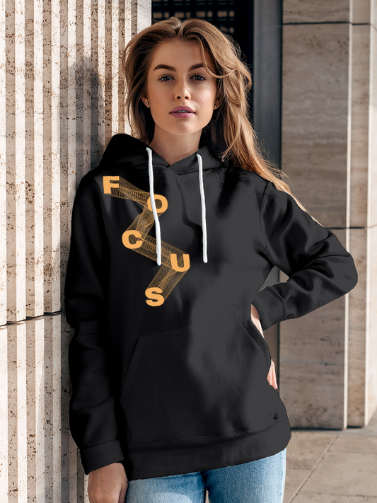 Fighterhero Hoodie Collection: Model wearing Women's Charcoal Grey Hoodie Sweatshirt with 'Focus' design