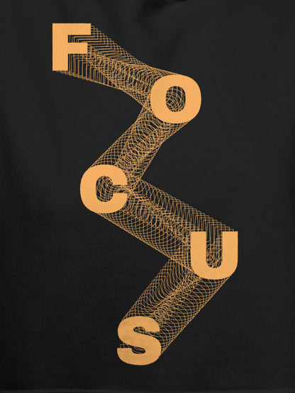 Close up of 'Focus' design on Women's Dark Grey Hoodie Sweatshirt, highlighting intricate details and vibrant print.