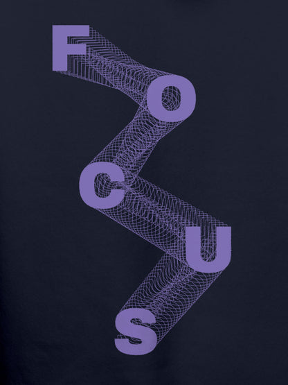 Close up of 'Focus' design on Men's Navy Blue Hoodie Sweatshirt, highlighting intricate details and vibrant print.