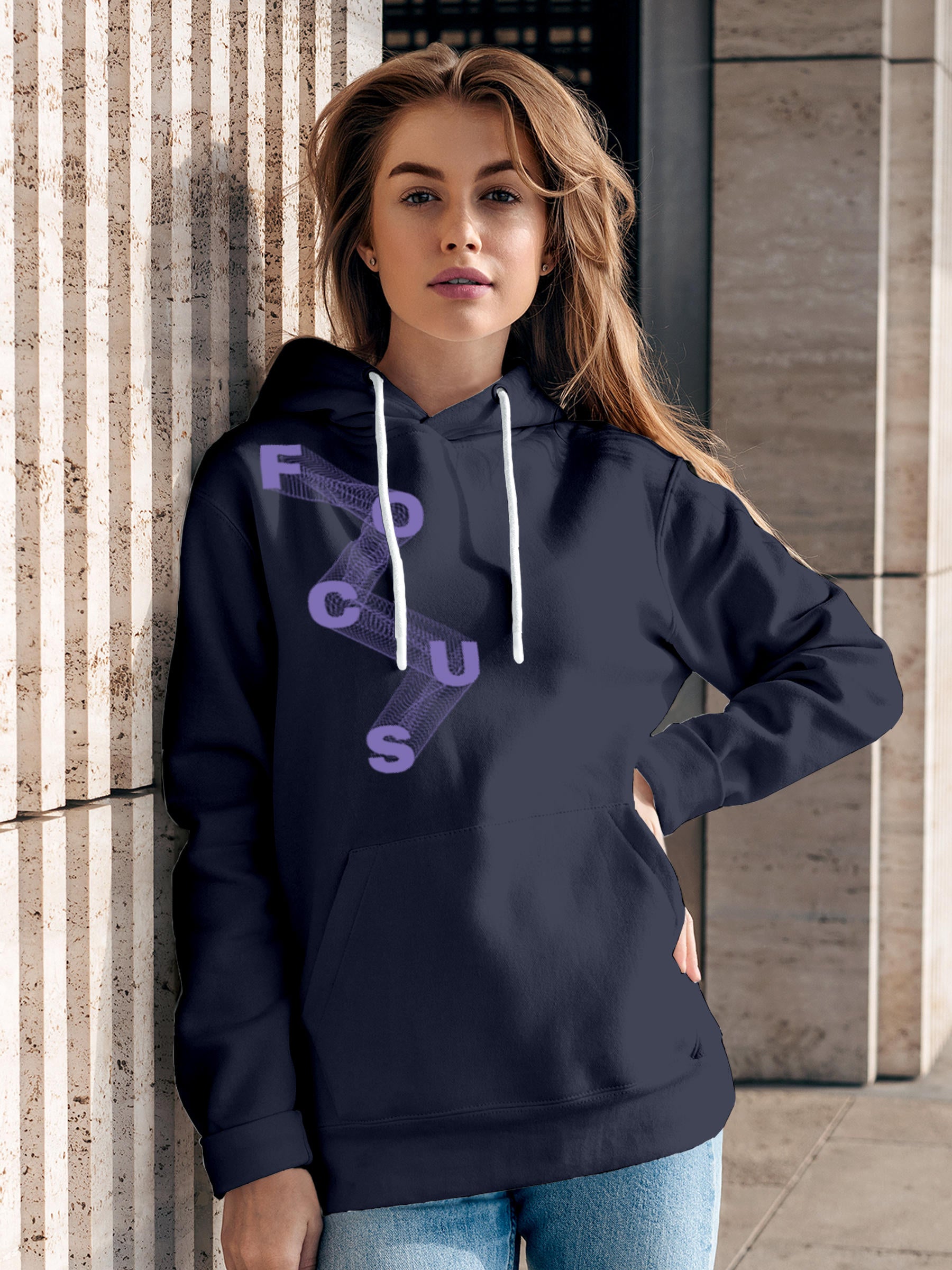 Model wearing Women's Navy Blue Hoodie Sweatshirt with 'Focus' design, offering effortless style and premium comfort