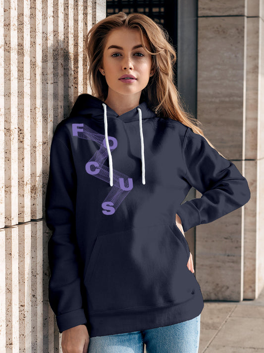 Model wearing Women's Navy Blue Hoodie Sweatshirt with 'Focus' design, offering effortless style and premium comfort