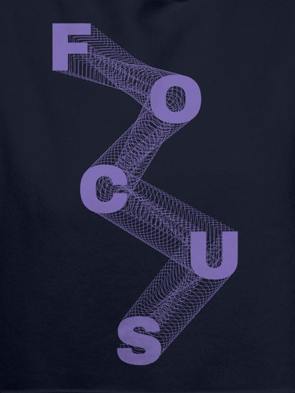 Close up of 'Focus' design on Women's Navy Blue Hoodie Sweatshirt, highlighting intricate details and vibrant print.