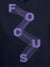 Close up of 'Focus' design on Women's Navy Blue Hoodie Sweatshirt, highlighting intricate details and vibrant print.