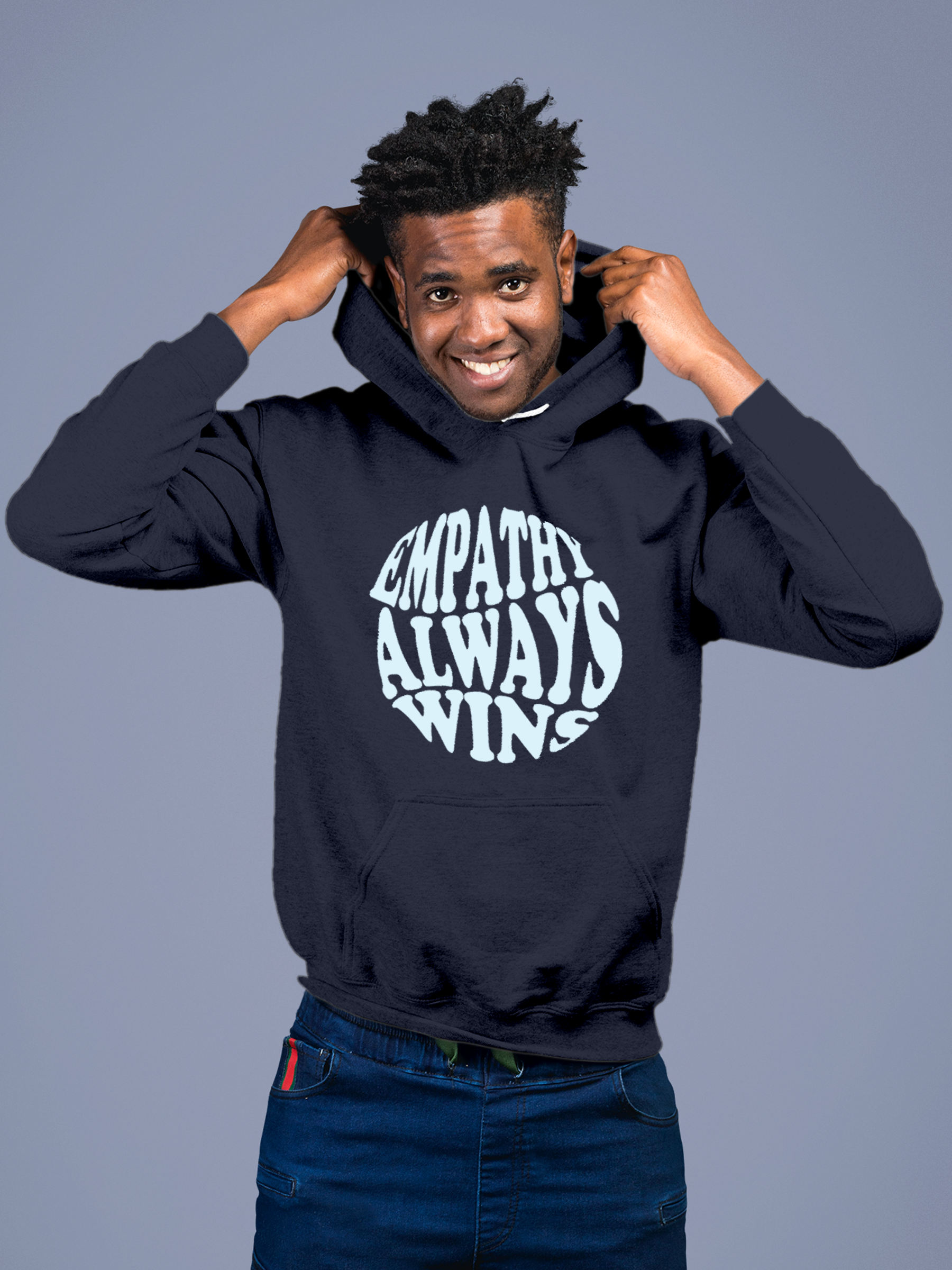 Model wearing Men's Navy Blue Hoodie Sweatshirt with 'Empathy Always Wins' design, offering effortless style and premium comfort