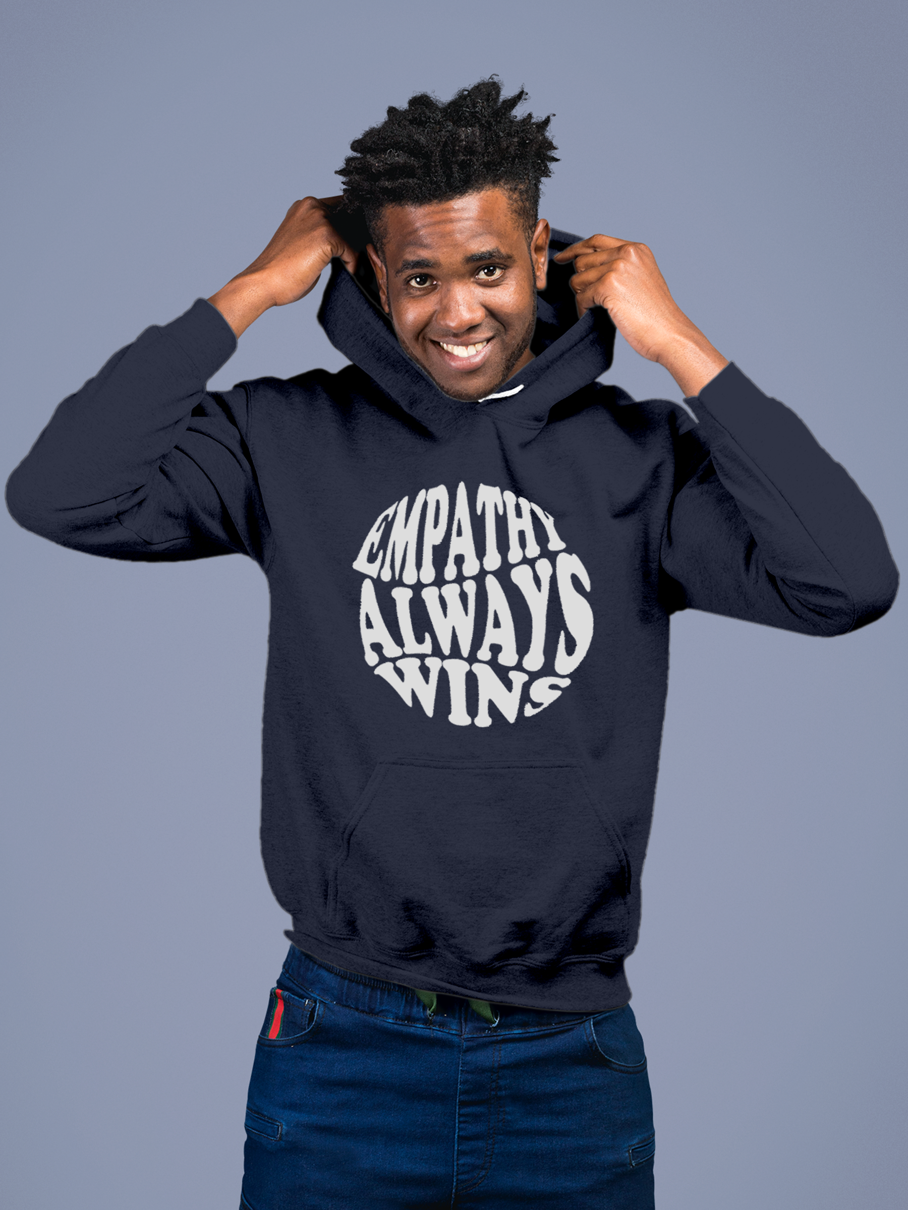 Model wearing Men's Navy Blue Hoodie Sweatshirt with 'Empathy Always Wins' design, offering effortless style and premium comfort