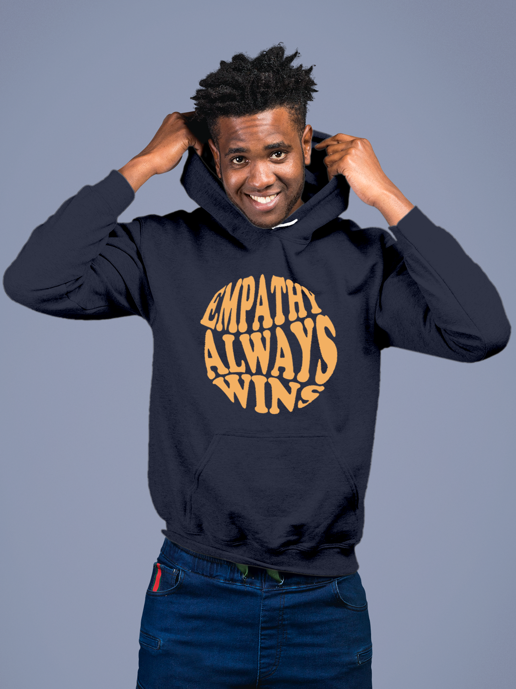 Model wearing Men's Navy Blue Hoodie Sweatshirt with 'Empathy Always Wins' design, offering effortless style and premium comfort