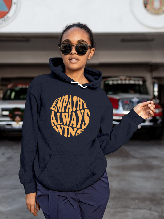 Fighterhero Hoodie Collection: Model wearing Women's Navy Blue Hoodie Sweatshirt with 'Empathy Always Wins' design