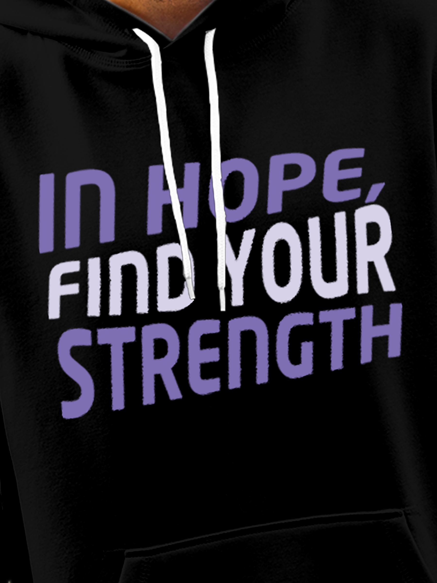 Close up of 'In Hope, Find Your Strength' design on Men's Black Hoodie Sweatshirt, highlighting intricate details and vibrant print.